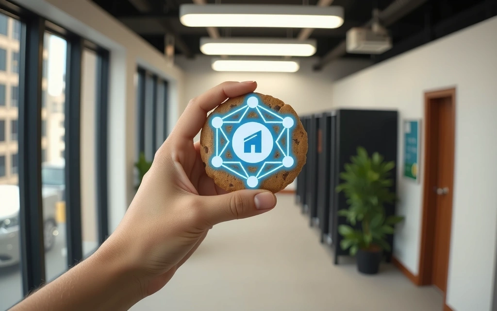 Ręka trzymająca ciasteczko z symbolem sieci, symbolizujące pliki cookie i internet.