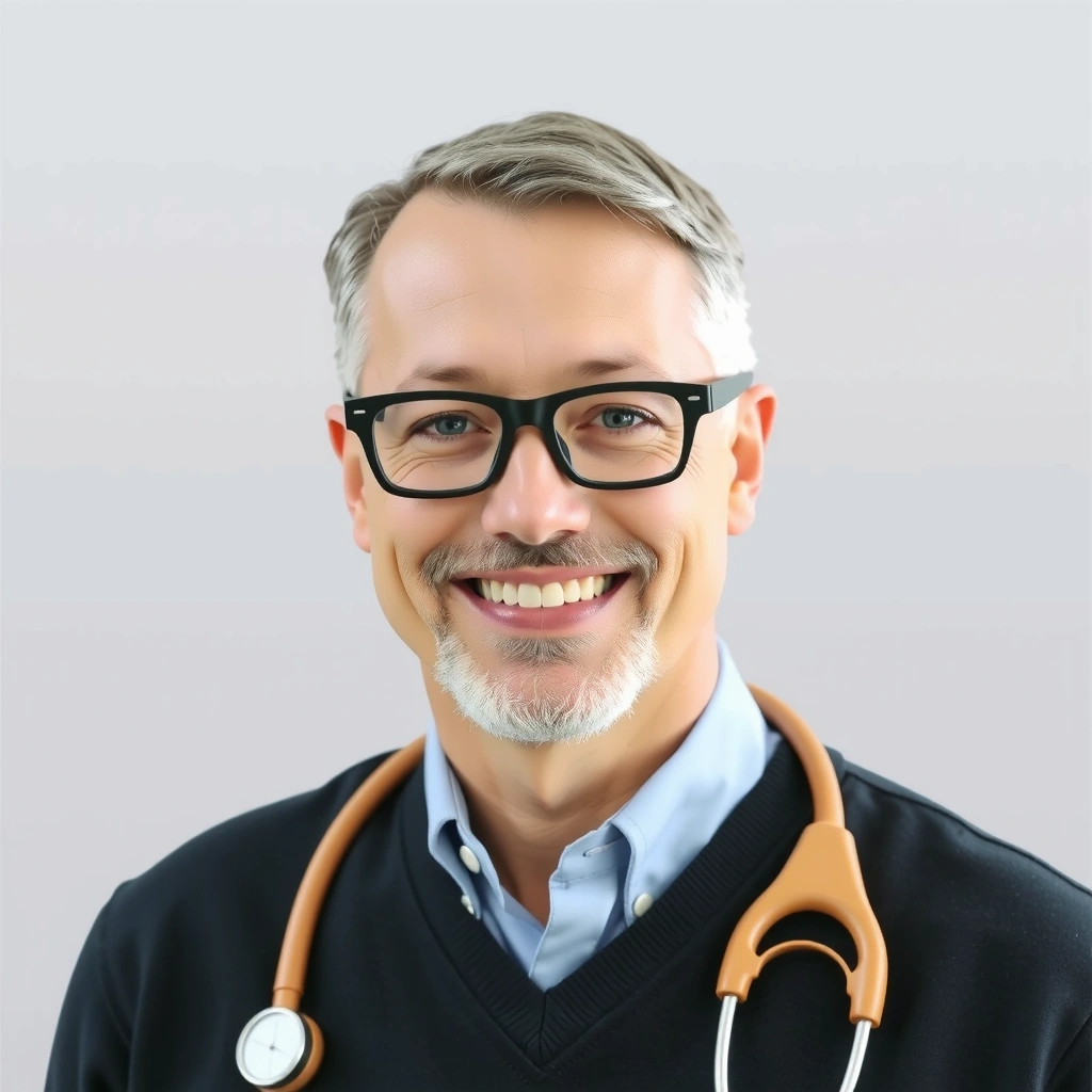 Profesjonalne zdjęcie uśmiechniętego lekarza medycyny holistycznej, z neutralnym tłem, bez tekstu.