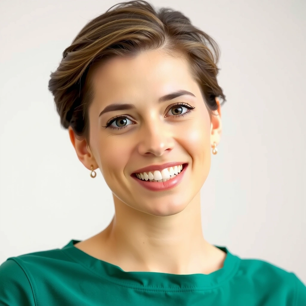 Profesjonalne zdjęcie uśmiechniętej dietetyczki klinicznej, z neutralnym tłem, bez tekstu.