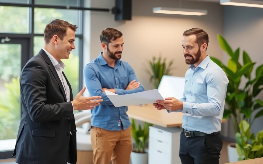 Zdjęcie przedstawiające założycieli Naturalnezdrowiepro, dyskutujących nad planami rozwoju w nowoczesnym, ekologicznym biurze, z zielonymi roślinami w tle.
