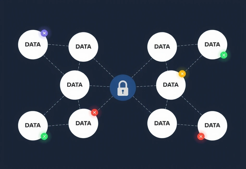 Ilustracja przedstawiająca sieć połączeń między różnymi podmiotami, symbolizującą udostępnianie danych z zachowaniem bezpieczeństwa