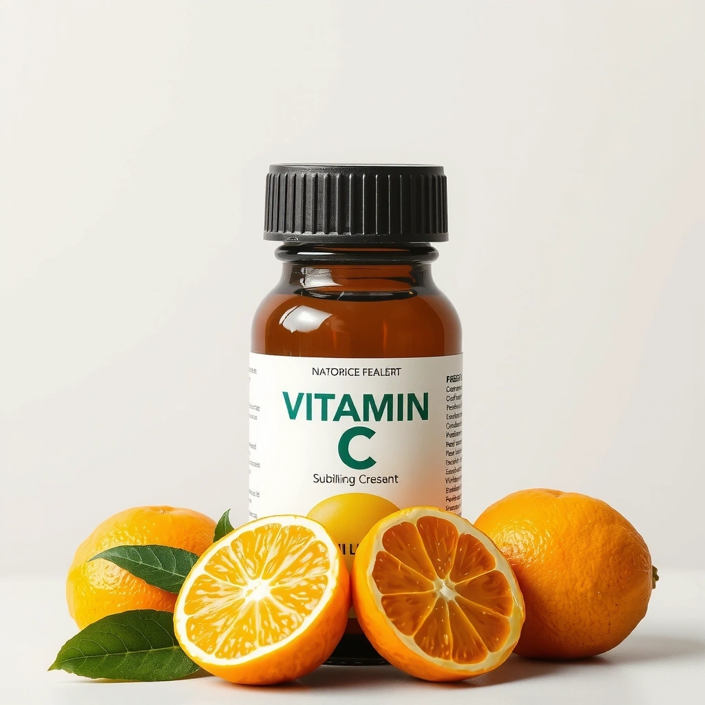 Wysokiej jakości butelka witaminy C z pomarańczami w tle
